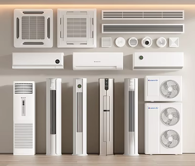 Various Types of Air Conditioners and Fans Including Ceiling Wall and Standing Units 3d model