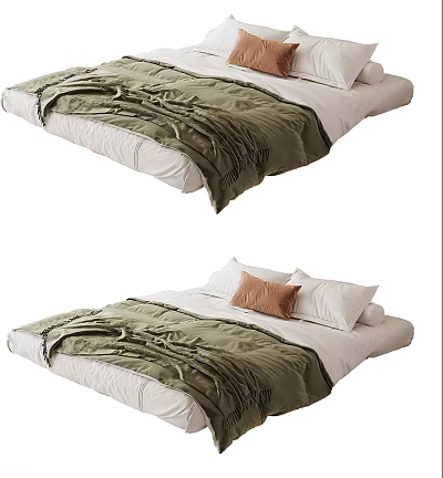 Cozy Bedroom Bed With Green Quilt White Sheets And Brown Pillow 3d model