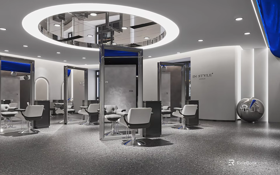Modern Hair Salon Interior Design With Stylish Chairs Mirrors And Circular Lighting 3d model 