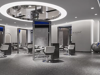 Modern Hair Salon Interior Design With Stylish Chairs Mirrors And Circular Lighting 3d model