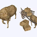 Rustic Style Garden Ornaments Crafted from Straw with Cows Cart and Blocks