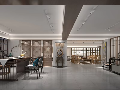 Modern Tea House Interior Design With Wooden Furniture Tea Sets And Cozy Seating Area 3d model