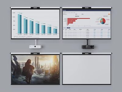 Projection Monitoring System Featuring Multiple Screens Displaying Data Charts And Visual Content 3d model