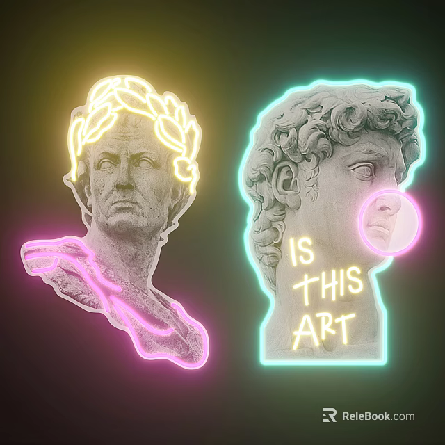 Neon Decorative Lights Featuring Statue Heads And Art Text Design 3d model 