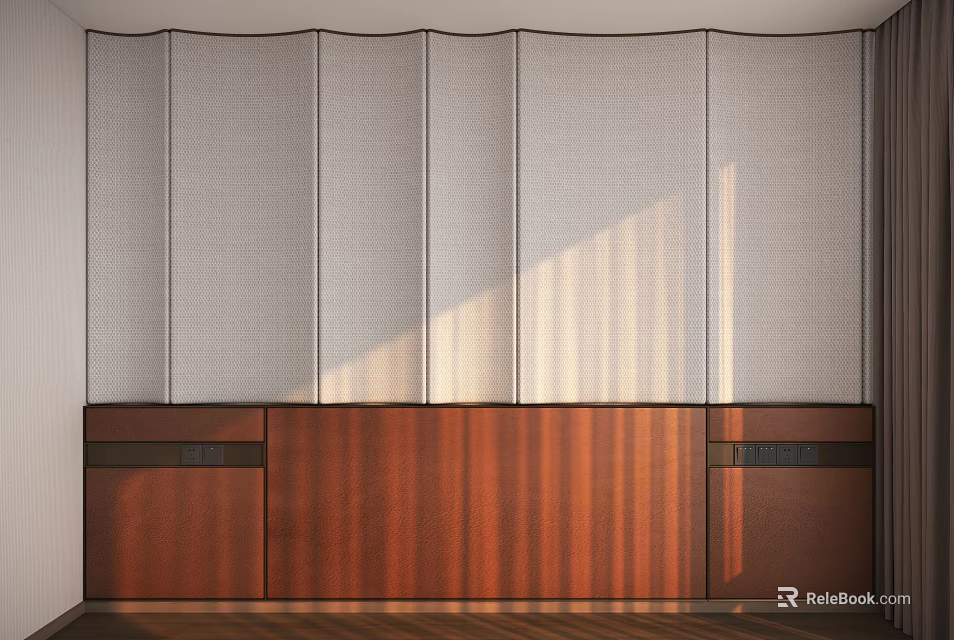 Bedroom Accent Wall Featuring Gray Fabric Curtain Design With Wooden Cabinetry And Sunlight Shadows 3d model 