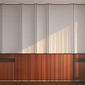 Bedroom Accent Wall Featuring Gray Fabric Curtain Design With Wooden Cabinetry And Sunlight Shadows