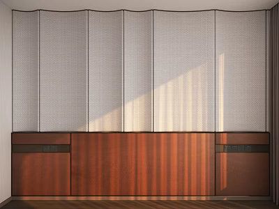 Bedroom Accent Wall Featuring Gray Fabric Curtain Design With Wooden Cabinetry And Sunlight Shadows 3d model