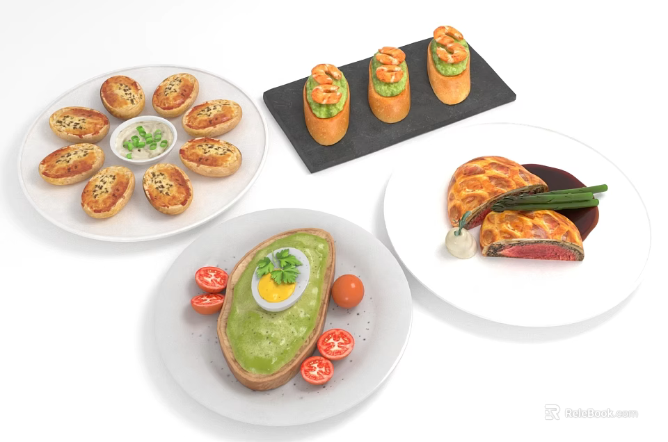Animal Shaped Appetizers And Avocado Toast With Fresh Toppings On Plates 3d model 