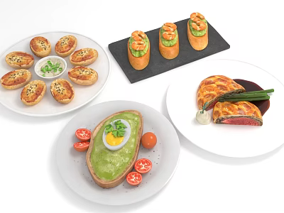 Animal Shaped Appetizers And Avocado Toast With Fresh Toppings On Plates 3d model