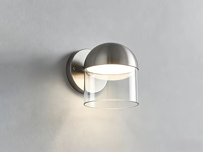 Modern Brushed Metal Wall Light with Transparent Glass Shade Mounted on Gray Wall Soft Illumination 3d model