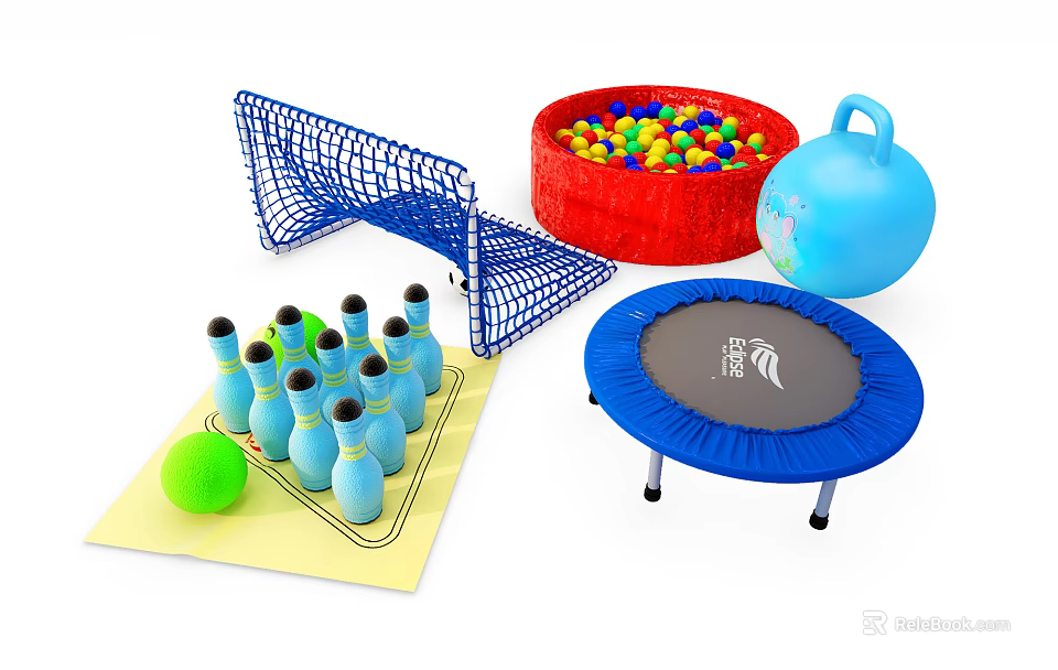 Kids Sports Equipment Set Including Soccer Goal Ball Pit With Colorful Balls Trampoline And Bowling 3d model 