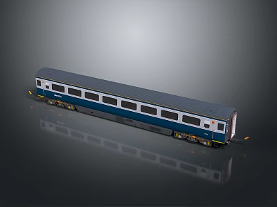 Detailed 3D Model Of Blue And White Train Carriage With Windows Wheels On Reflective Background 3d model