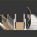 Various Modern Elegant Staircase Designs With Wooden Steps And Iron Glass White Railings 3d model