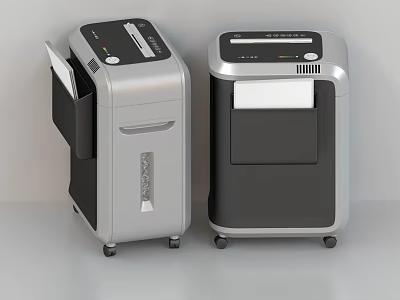 Modern Office Appliance Paper Shredders In Two Different Silver Black Designs With Wheels 3d model
