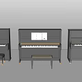 Three Black Upright Pianos With Music Sheets And Benches For Musical Instruments