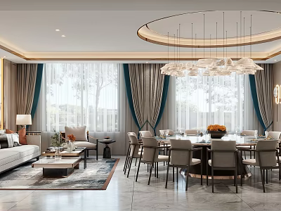 Luxurious Private Dining Room Interior With Chandelier Sofa Dining Table Chairs And Curtains 3d model