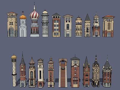 Various Architectural Tower Designs With Different Roof Shapes And Styles 3d model