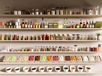 Well Organized Kitchen Shelves With Various Spice Jars 3d model