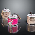 Vintage Metal Paint Thinner Cans With TATTOO Label And FULLM Brand On Shiny Black Surface