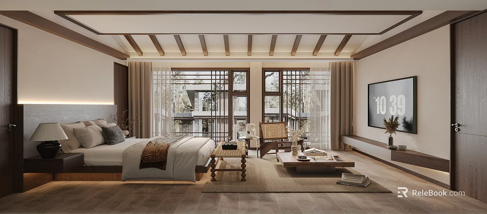 Traditional Chinese Hotel Guest Room With Wooden Ceiling Beams Lattice Windows And Green Plants Outside 3d model 