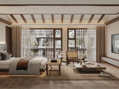 Traditional Chinese Hotel Guest Room With Wooden Ceiling Beams Lattice Windows And Green Plants Outside 3d model