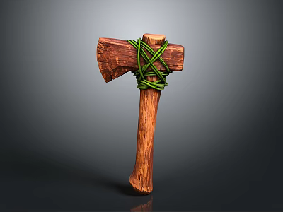 Rustic Handcrafted Wooden Axe With Green Rope Binding And Smooth Handle 3d model