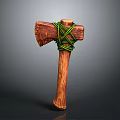 Rustic Handcrafted Wooden Axe With Green Rope Binding And Smooth Handle