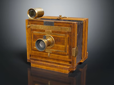 Vintage Wooden Photography Camera With Brass Lens And Top Viewfinder Components 3d model