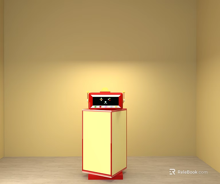 Red And Yellow Decorative Ornament Set On Yellow Cabinet With Light Floor And Walls 3d model 