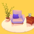 Cozy Purple Single Sofa with Blue Cushion beside Potted Plant Side Table and Photo Frame