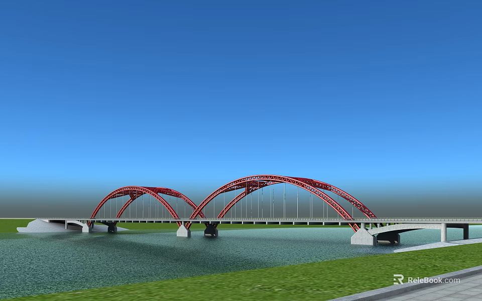 Modern Red Arch Bridge Spanning River Under Clear Blue Sky 3d model 