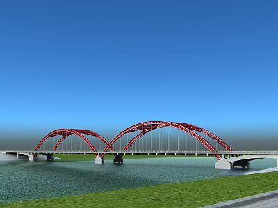 Modern Red Arch Bridge Spanning River Under Clear Blue Sky 3d model