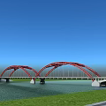 Modern Red Arch Bridge Spanning River Under Clear Blue Sky 3d model