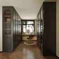 Elegant Modern Walk in Closet Interior With Mirrored Wardrobes Dressing Table And Wooden Floor