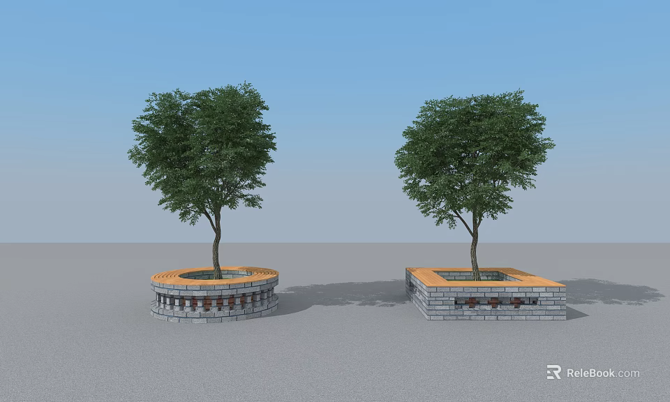 Two Tree Planters with Stone Base and Wooden Top Featuring Lush Green Trees 3d model