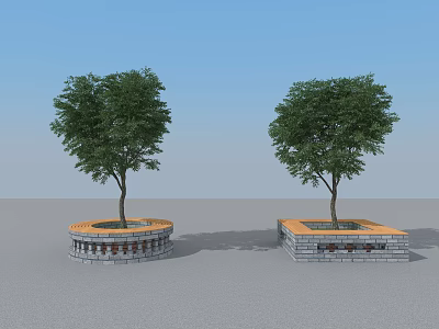 Two Tree Planters with Stone Base and Wooden Top Featuring Lush Green Trees 3d model