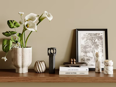Decorative Ornament Collection On Wooden Shelf With Calla Lilies Books And Framed Art 3d model
