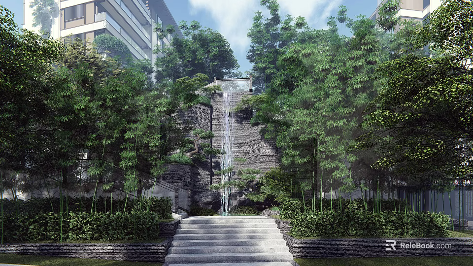 Garden Feature With Waterfall Stone Steps Lush Greenery And Modern Buildings 3d model 