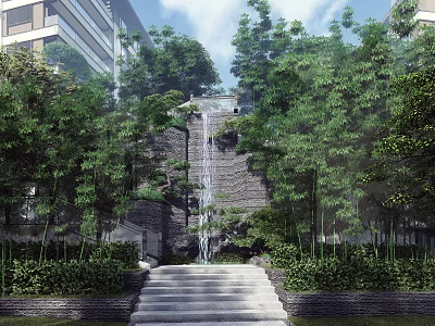 Garden Feature With Waterfall Stone Steps Lush Greenery And Modern Buildings 3d model
