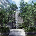 Garden Feature With Waterfall Stone Steps Lush Greenery And Modern Buildings