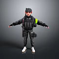 Game Movie Character In Black Tactical Jacket Green Stripe Cap White Shoes Arms Outstretched