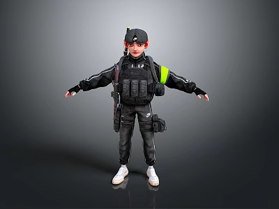 Game Movie Character In Black Tactical Jacket Green Stripe Cap White Shoes Arms Outstretched 3d model