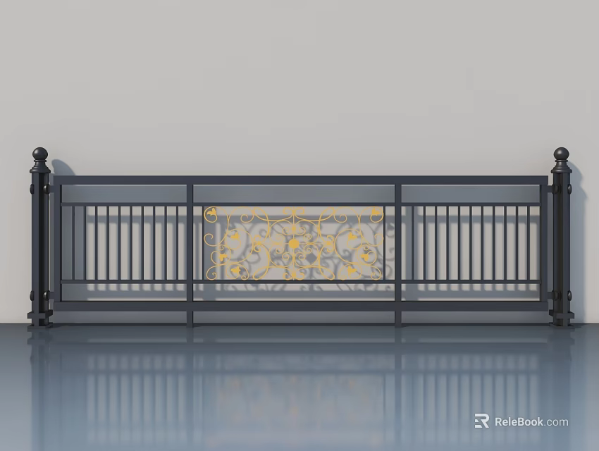 Elegant Black Metal Swing Door With Gold Ornate Patterns And Railing Design 3d model 