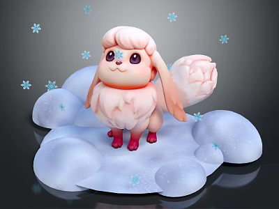 Adorable Pink Fluffy Character With Big Eyes Standing On Cloud Base Surrounded By Snowflakes 3d model