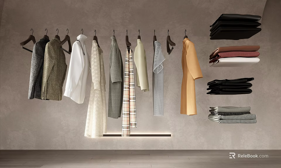 Stylish Clothes Hanging On Racks With Folded Garments Against Gray Wall And Wooden Floor 3d model 