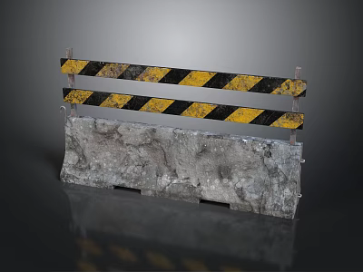 Concrete Traffic Barrier With Yellow And Black Striped Metal Railings On Gray Surface 3d model