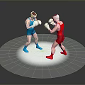 Two Male Boxers in Blue and Red Outfits With Helmets and Gloves Facing Each Other