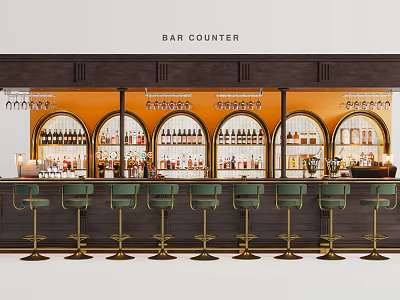 Elegant Bar Counter Interior With Hanging Wine Glasses Bottles And Green Stools 3d model