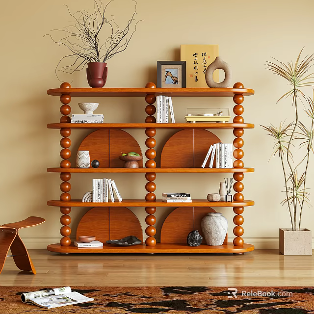 Wooden Bookshelf With Multi tiered Design Featuring Books Decorative Items And Plants 3d model 