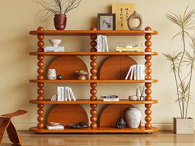 Wooden Bookshelf With Multi tiered Design Featuring Books Decorative Items And Plants 3d model